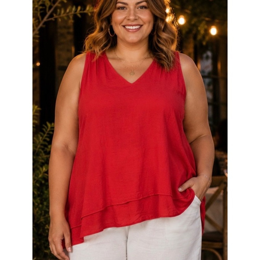 Cristina B XXL Orange Red Sleeveless V Neck Layered Casual Tank Top Blouse